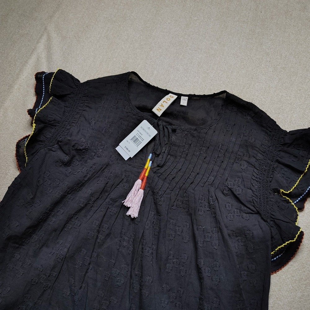 Anthropologie Dolan Black Embroidered Tassel Flutter Sleeve Blouse Top Size L